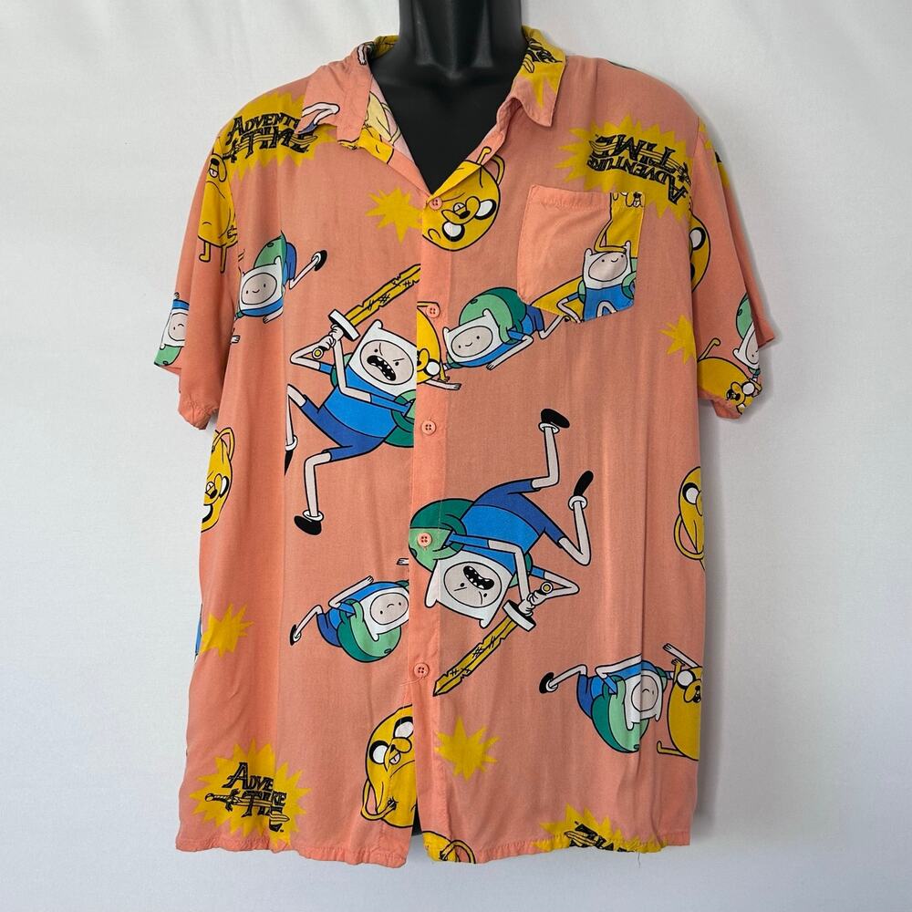 Adventure Time Finn Jake All Over Print Rayon Button Up Shirt Medium